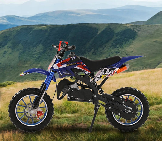49cc 2-Stroke Dirt Bike, Gas Power Motocross, Off Road Mini Motorcycle with Front Rear Disc Brakes, Max Speed 40KM/H (Blue)