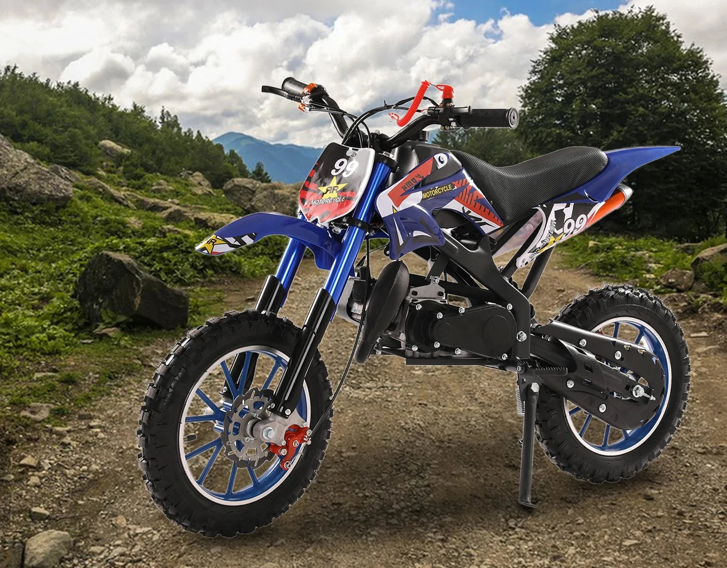49cc 2-Stroke Dirt Bike, Gas Power Motocross, Off Road Mini Motorcycle with Front Rear Disc Brakes, Max Speed 40KM/H (Blue)