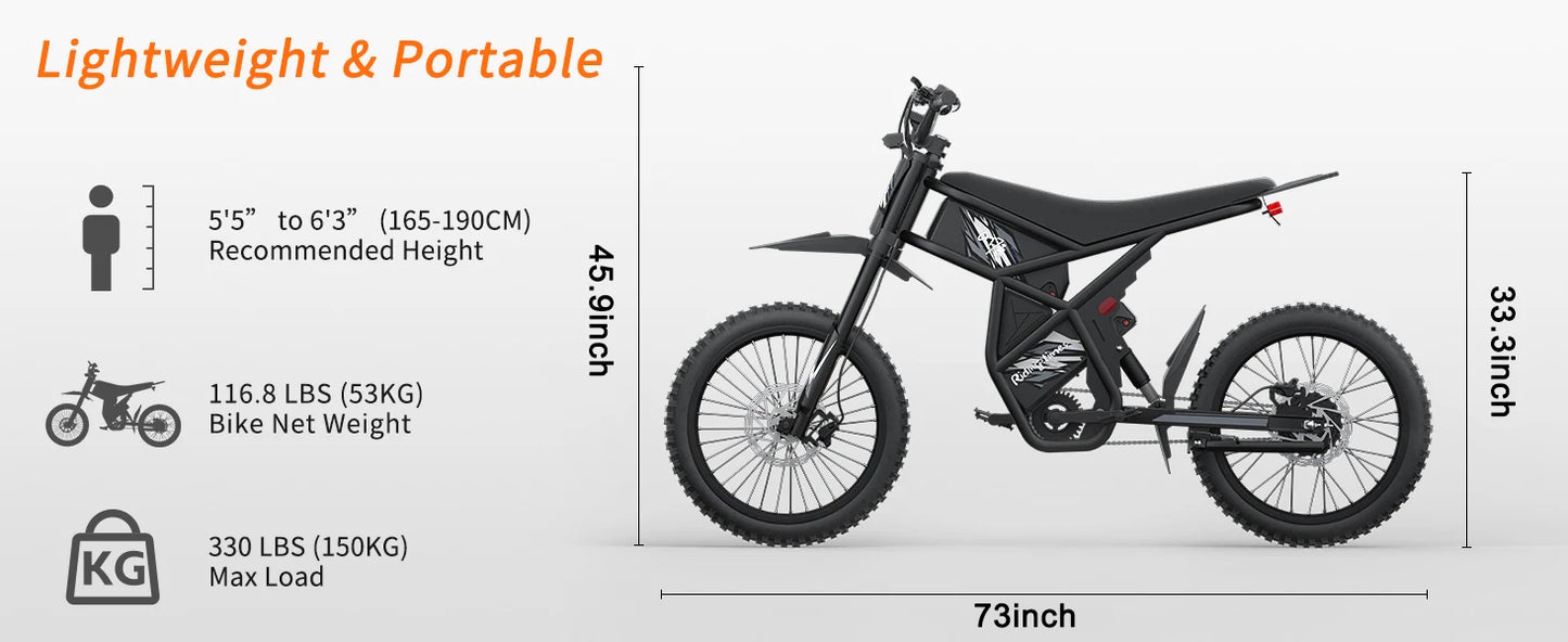 Electric Dirt Bike for Adults 2000W, Max 37MPH&85Mile Long Range Ebike with 25'' Tires, 1747Wh Dual  Battery E Bike Motorcycle