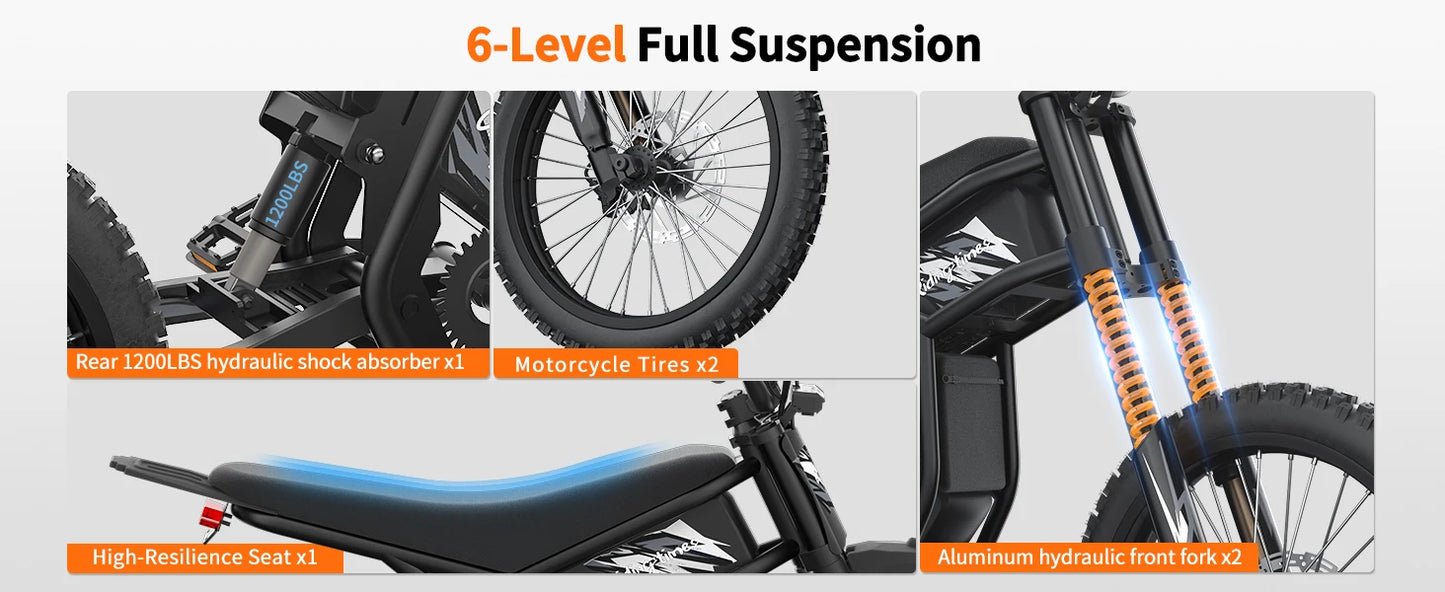 Electric Dirt Bike for Adults 2000W, Max 37MPH&85Mile Long Range Ebike with 25'' Tires, 1747Wh Dual  Battery E Bike Motorcycle