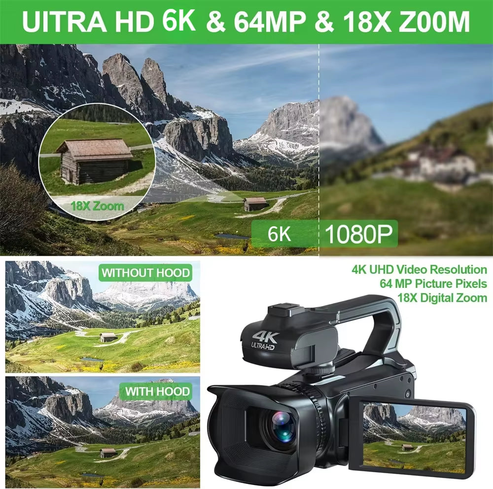 Capture Stunning Moments with the Full 6K Camcorder: 64MP Professional Digital Video Camera for Youtubers and Vloggers with 4" Touch Screen and Auto Focus