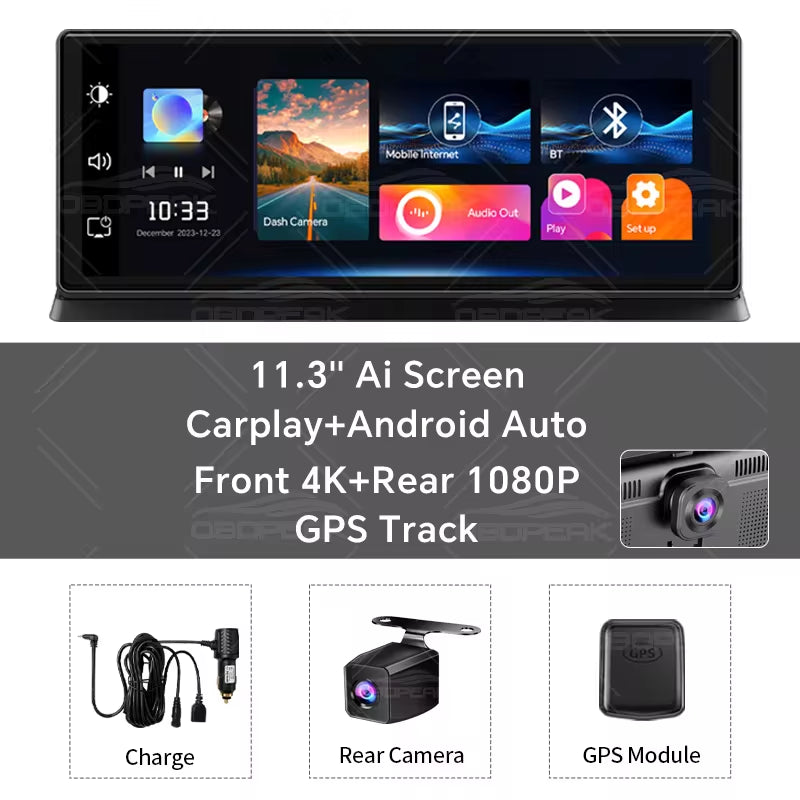 Elevate Your Driving Experience with the K2 Pro 11.3" 4K Car DVR Dash Cam - Dual Lens, Wireless Carplay & Android Auto, GPS Navigation, and More!