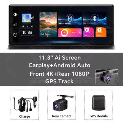 Elevate Your Driving Experience with the K2 Pro 11.3" 4K Car DVR Dash Cam - Dual Lens, Wireless Carplay & Android Auto, GPS Navigation, and More!
