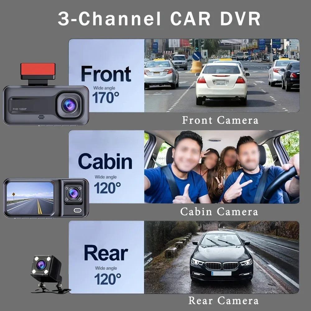 Experience Ultimate Protection with Our 1080P Full HD 3-Way Dash Cam - Front, Rear, and Cabin Recording!