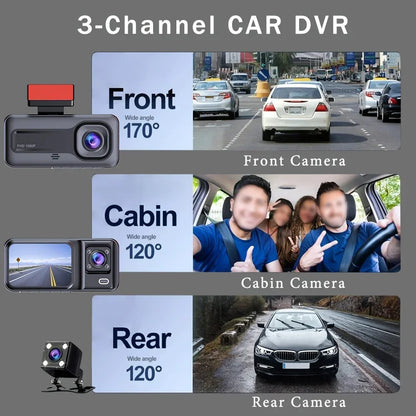 Experience Ultimate Protection with Our 1080P Full HD 3-Way Dash Cam - Front, Rear, and Cabin Recording!