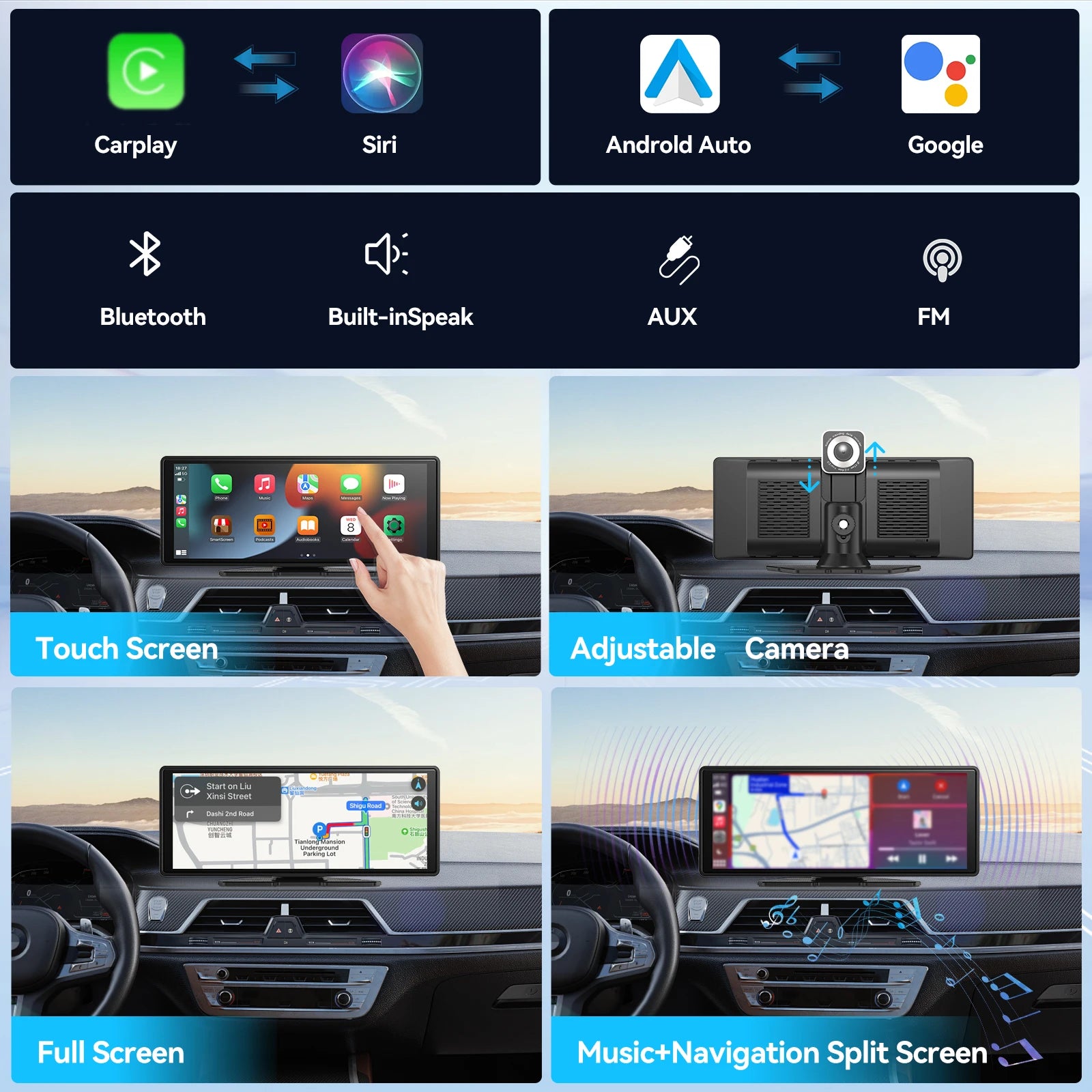 Transform Your Driving Experience with the Universal Portable Wireless Carplay Screen - 10.26" Touchscreen with Dual Camera System and Hands-Free Features