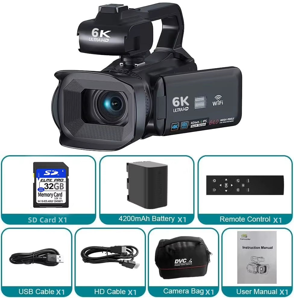 Capture Stunning Moments with the Full 6K Camcorder: 64MP Professional Digital Video Camera for Youtubers and Vloggers with 4" Touch Screen and Auto Focus