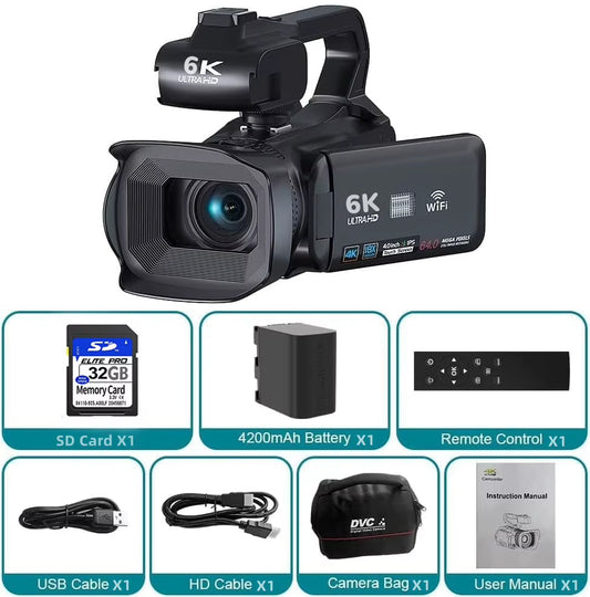 Capture Stunning Moments with the Full 6K Camcorder: 64MP Professional Digital Video Camera for Youtubers and Vloggers with 4" Touch Screen and Auto Focus