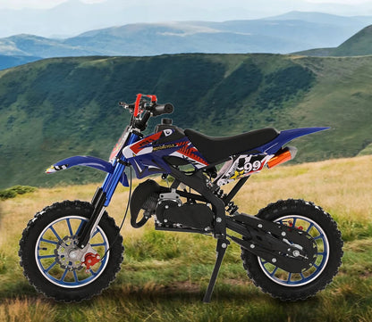 49cc 2-Stroke Dirt Bike, Gas Power Motocross, Off Road Mini Motorcycle with Front Rear Disc Brakes, Max Speed 40KM/H (Blue)