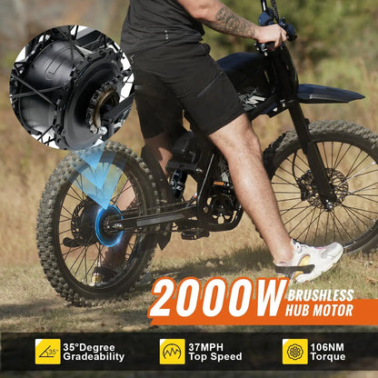 Electric Dirt Bike for Adults 2000W, Max 37MPH&85Mile Long Range Ebike with 25'' Tires, 1747Wh Dual  Battery E Bike Motorcycle