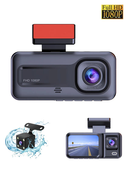 Experience Ultimate Protection with Our 1080P Full HD 3-Way Dash Cam - Front, Rear, and Cabin Recording!