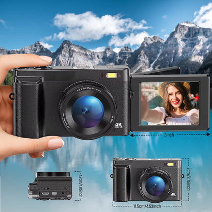 Capture Life's Moments with the 4K 48MP Digital Camera - Perfect for Vlogging and Selfies with 180-Degree Flip Screen!
