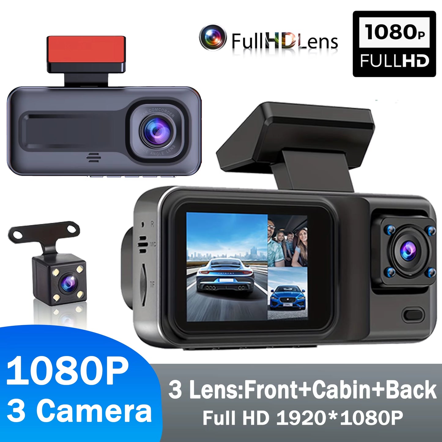 Experience Ultimate Protection with Our 1080P Full HD 3-Way Dash Cam - Front, Rear, and Cabin Recording!