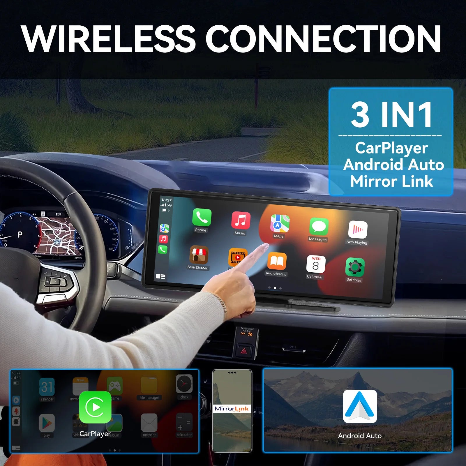 Transform Your Driving Experience with the Universal Portable Wireless Carplay Screen - 10.26" Touchscreen with Dual Camera System and Hands-Free Features